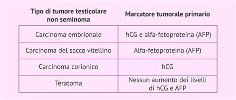 Diagramma dei marcatori tumorali testicolari e dei tipi di tumore associati
