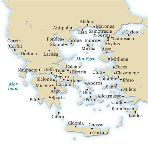 Mappa del Mediterraneo con evidenziate le principali poleis greche e le loro colonie