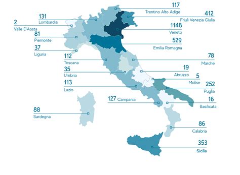 Mappa dell'Italia che mostra la distribuzione dei centri PMA per regione.