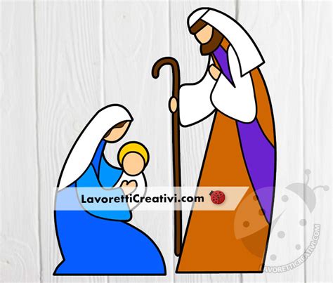 Un'immagine colorata di una natività stilizzata con i tre pastori