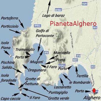 Mappa di Alghero e dintorni che evidenzia i punti di interesse raggiungibili in scooter