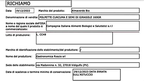 Immagine di un avviso di richiamo di un prodotto alimentare