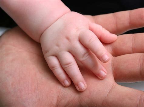 Mani di un neonato che stringono il dito di un adulto