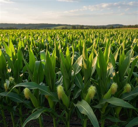 Campo di mais in fase di sviluppo, con piante sane e pannocchie in formazione sotto la luce del sole.