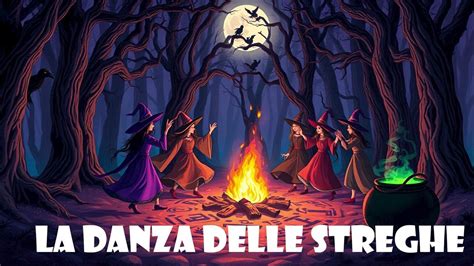 illustrazione di una strega benevola che danza con bambini