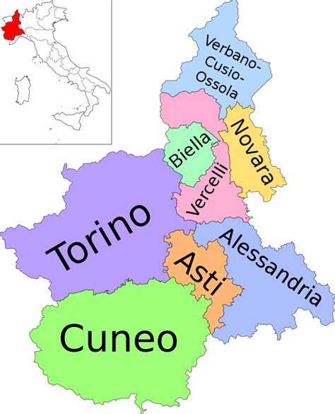 mappa dell'Italia con evidenziate le regioni Piemonte, Cuneo e Torino