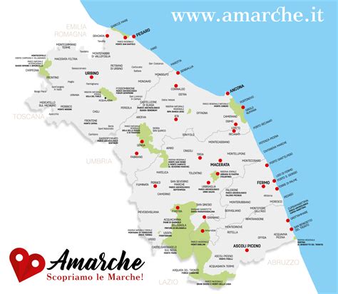 Mappa delle Marche con evidenziate le città di Ancona e Pesaro
