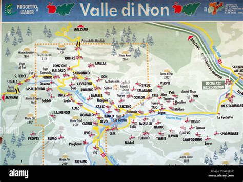 Mappa della Val di Non e dell'Altopiano della Paganella con indicazione di Cavedago, Molveno e Andalo