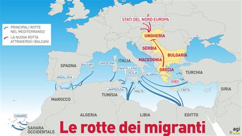 Mappa del Mediterraneo con rotte migratorie