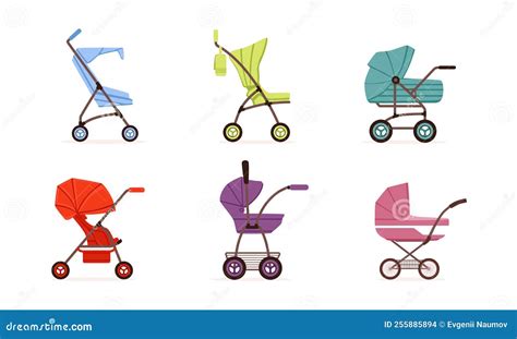 Illustrazione di un passeggino moderno con diverse funzionalità