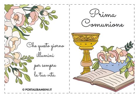 Dettaglio di un biglietto d'auguri per la Prima Comunione con elementi religiosi e floreali