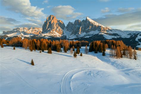 Panorama innevato dell'Alpe Cimbra con montagne sullo sfondo e un villaggio nella valle